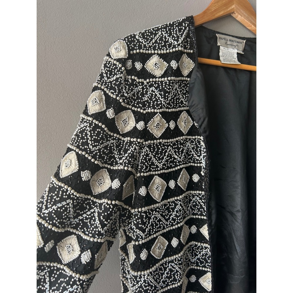 Papell Boutique Evening Vintage Silk Beaded Embroidered Jacket‎ Black White M - Picture 4 of 9